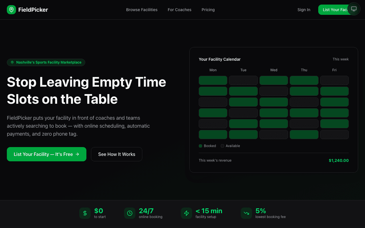 GameSpace for facilities page showing booking calendar and revenue tracking